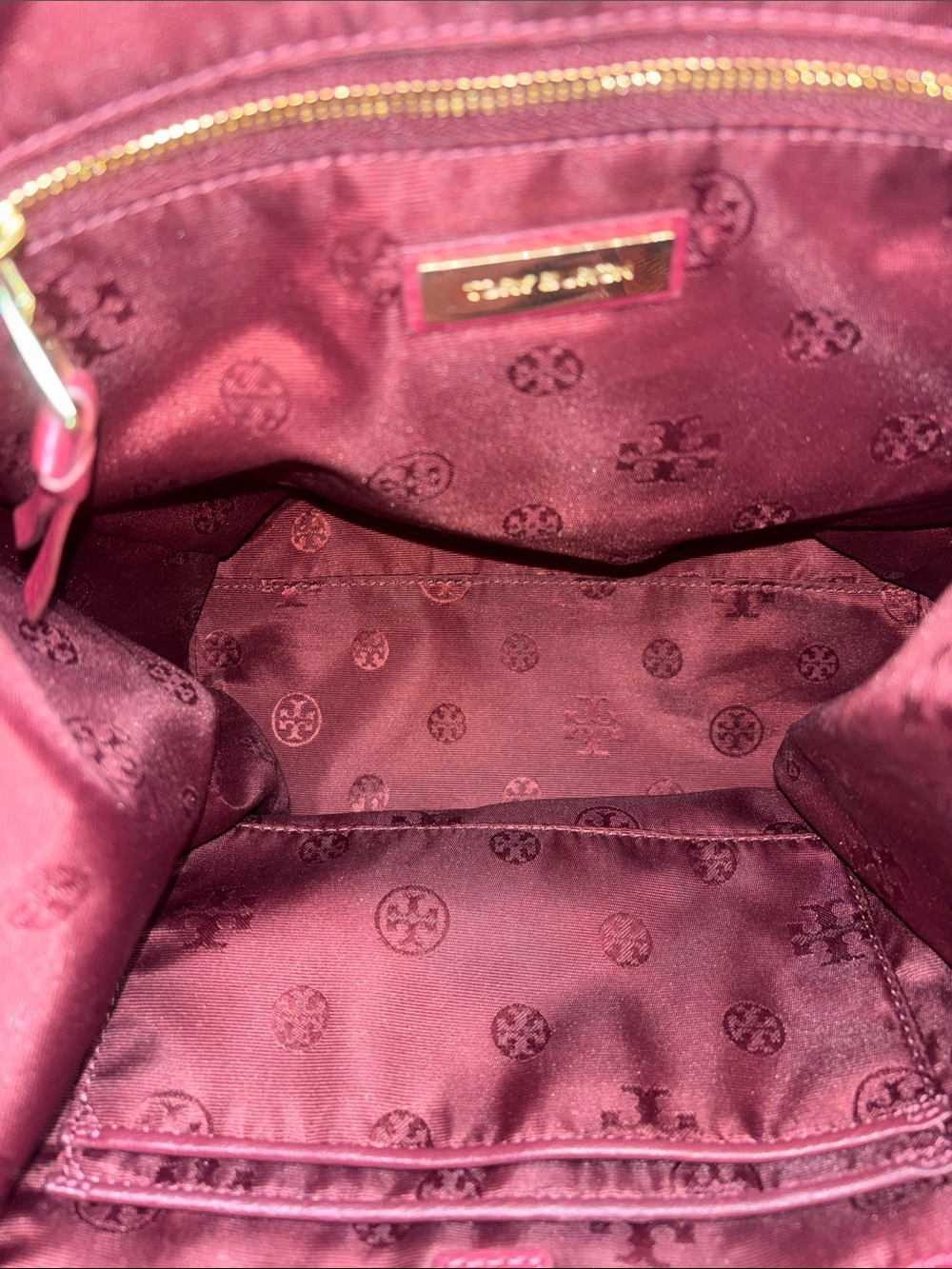 Tory Burch Wine Leather Drawstring Backpack with Gold Logo - Picture 12 of 16